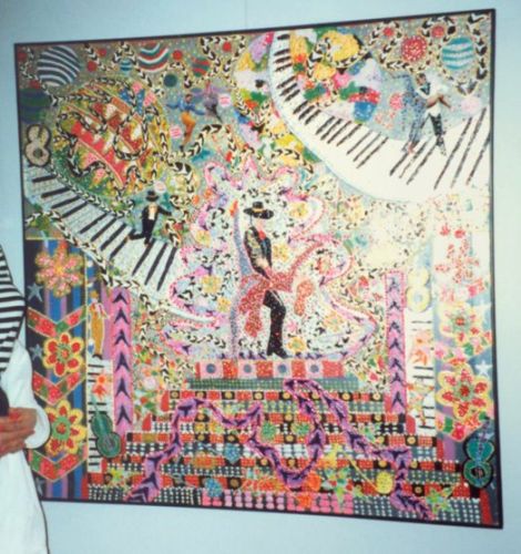 Outsider artist painting: On Your Toes includes dancing on curvilinear piano key walkway - by Harriet Young