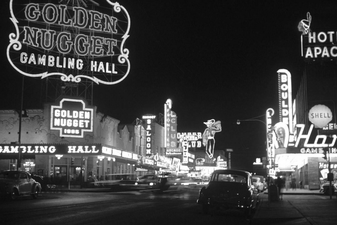 Old black and white photo of Las Vegas at night