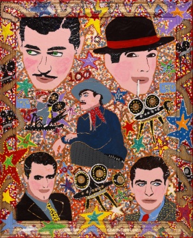 Outsider artist painting: The Five Legends features Clark Gable, Charlie Chaplin, Humphrey Bogart, Cary Grant, Errol Flynn, Orson Welles - by Harriet Young