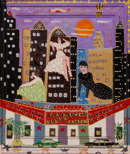 Outsider artist painting: Farewell to Old Friends features film stars Bette Davis, Joan Crawford and Audrey Hepburn ascending to heaven - by Harriet Young