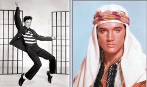 Elvis movie photos from Jailhouse Rock and Harum Scarum as sources for Elvis Presley painting by Harriet Young