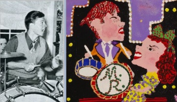 Side by side comparison Fanzine photo of Mickey Rooney and painting detail establishing Rooney as one source of the drummer in the painting The Wizard of Oz, by pop artist Harriet Young.