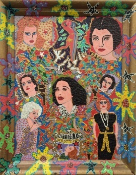 Outsider artist painting: Hedy Lamarr with Lucille Ball and others - by Harriet Young